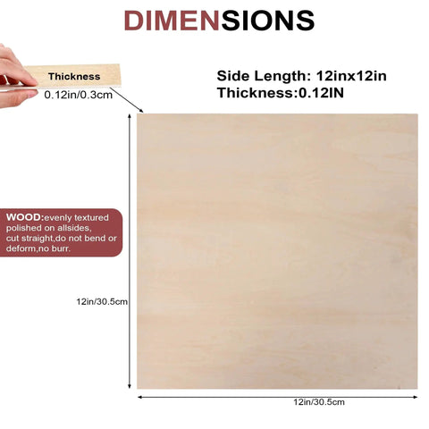 Forty Pack 12x12 Inch Basswood Sheets 3mm Unfinished Wood For Crafts Diy Ornaments Laser Cutting Model Engraving Architectural Models Drawing And Wood Burning, showing sheet dimensions and thickness.