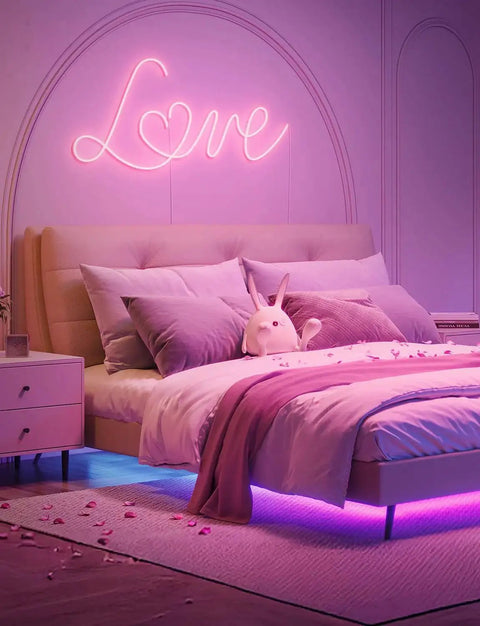 Bedroom with RGBIC LED Strip Lights With Bluetooth App Control For Bedroom Decor 16.4ft under bed, pink neon wall sign.