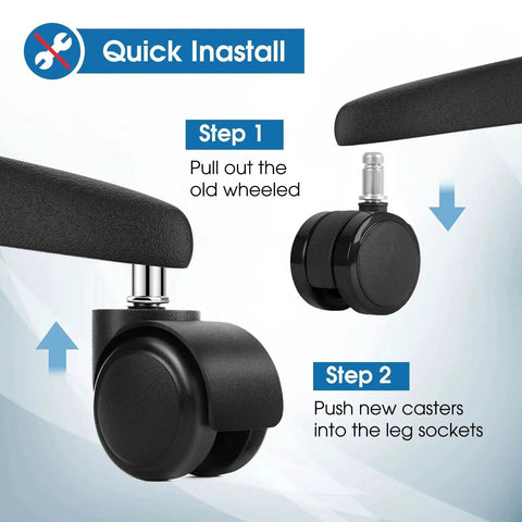 Heavy Duty 2 Inch Office Chair Wheels Set Of 5 Quiet Rubber Rotating Caster Wheels installation steps with 11mm stem.
