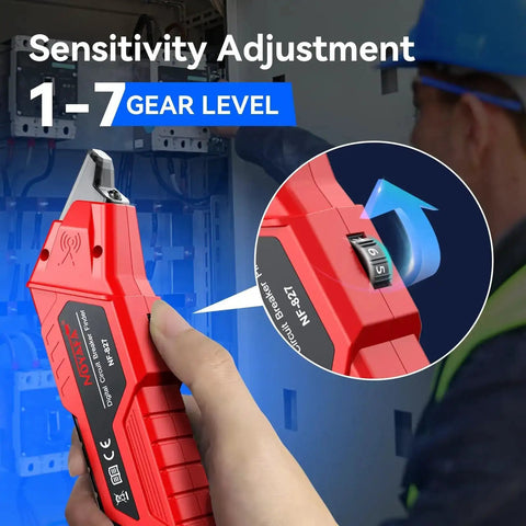 Circuit Breaker Finder Kit With GFCI Outlet Tester And 3 Accessories showing sensitivity adjustment from 1 to 7 gear levels.