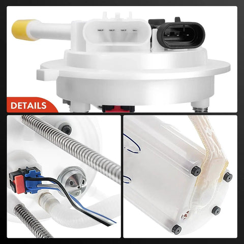 Electric Fuel Pump Module Assembly For Chevy And GMC Pickups Fits Silverado 1500 2500 3500 And Sierra 1500 2500 3500 1999-2004 With 4.3L 4.8L 5.3L 6.0L 8.1L Engines Includes Two Connectors And Three Tube Ports Heavy Duty Plug And Play Easy Install, showing top view and detail connectors