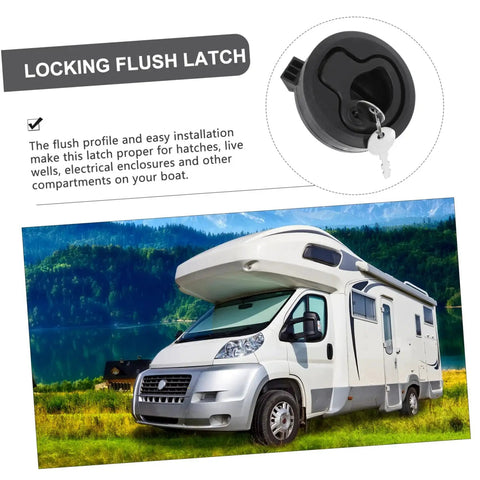 Locking flush latch with key; black marine-grade latch for RV cabinets and deck hatches, close-up view.