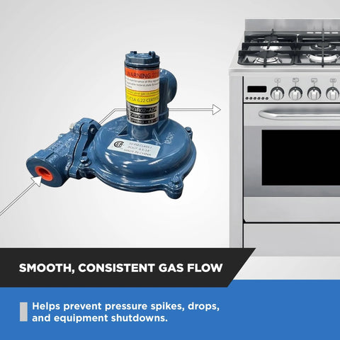 NMT NGR02-50 natural gas regulator, blue finish, 1/2” NPT low-pressure with internal relief valve beside gas range.