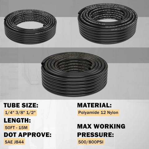 Durable DOT Air Line Kit with brass push lock fittings and tubing, 100-piece pack, includes different sized lines and fittings.