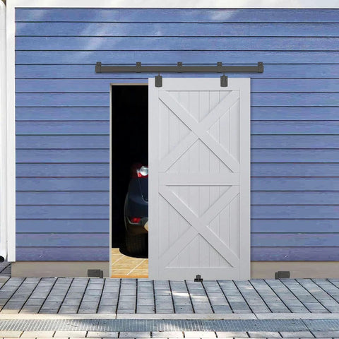 Outdoor Grade 8-Foot Sliding Barn Door Hardware Kit for Exterior Use, shown installed with galvanized steel rails