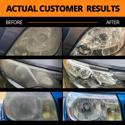 Before and after image showing results of the Long Lasting Ceramic Headlight Restoration Kit That Keeps Your Car Lights Crystal Clear No Power Tools Needed Includes 8 Oxidation Removing Wipes 1 Sanding Kit And 2 Ceramic Coating Wipes CERAKOTE.