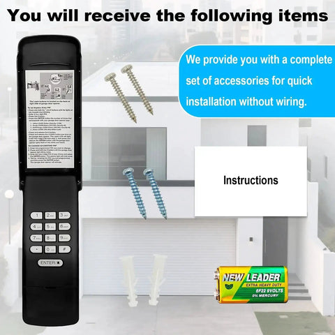 Product contents including Keyless Garage Door Opener Keypad Replacement For LiftMaster, Chamberlain, And Craftsman with accessories.