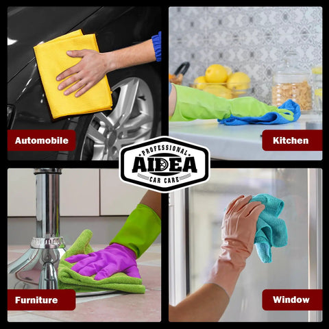 Premium Microfiber Cleaning Cloths 50 Pack For Cars Home SUV Windows And Kitchen Ultra Absorbent Quick Dry Rags 12x12 Inches shown in use on automobile, kitchen, furniture, and window.