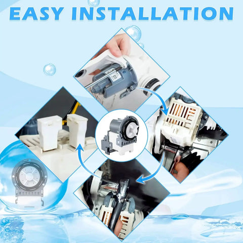 Washer drain pump kit (gray plastic) for Samsung WA4/WA5/WF2-WF5 series, shown with installation steps.