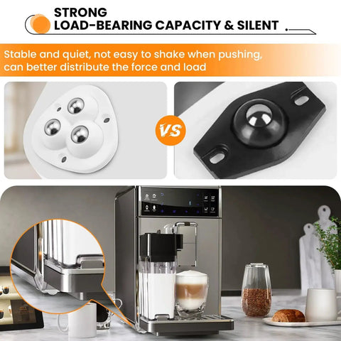 White and black mini self adhesive caster wheels for small appliances, next to assembled coffee maker on countertop, 360 degree swivel.