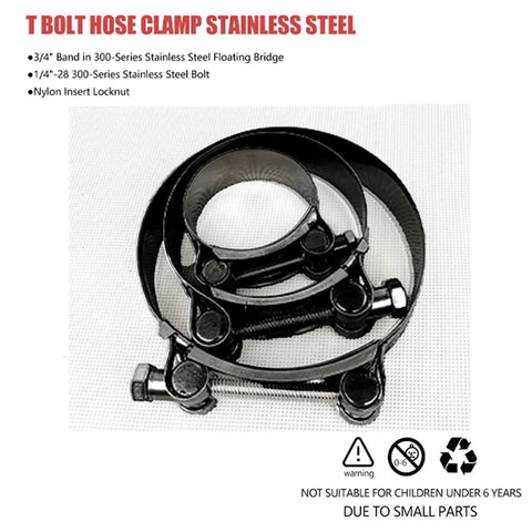 Four Pack 1.5 Inch TBolt Hose Clamps 44 To 50mm Stainless Steel 300 Series Black Bolt Clamp For Secure Hose Connections