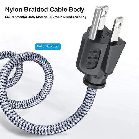 Heavy Duty 10A 18AWG Nylon Braided 10 Ft AC Power Cord 3 Prong Replacement Cable For Computer TV Monitor Printer Projector And Power Supply UL Listed, showing nylon braided plug close-up.