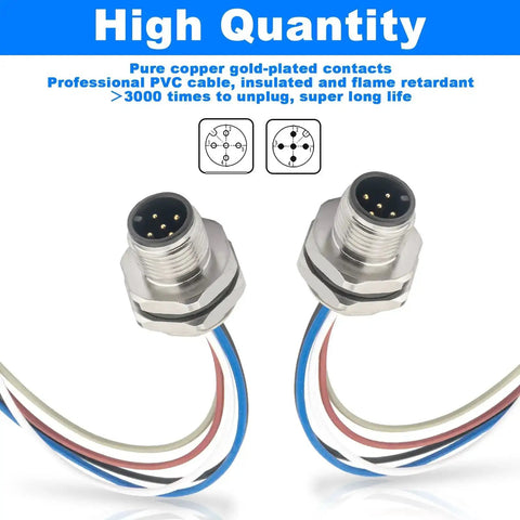 M12 Rugged 5 Pin A Code Male Connector Cable Back Mount IP67 Waterproof Unshielded Straight Aviation Socket 0.2 Meter