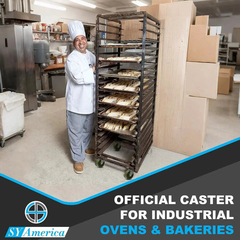 Chef in bakery with rack using 4 Inch By 1.5 Inch High Temp Green Epoxy Caster Wheels Set Of 4 For Industrial Bakery And Oven Racks