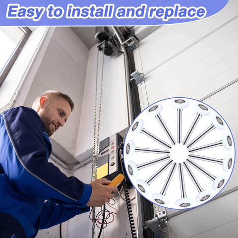 Man installing garage door opener with 24 Pack White Nylon Garage Door Rollers for 2 Inch Track Replacement Quiet High Load 6200ZZ.