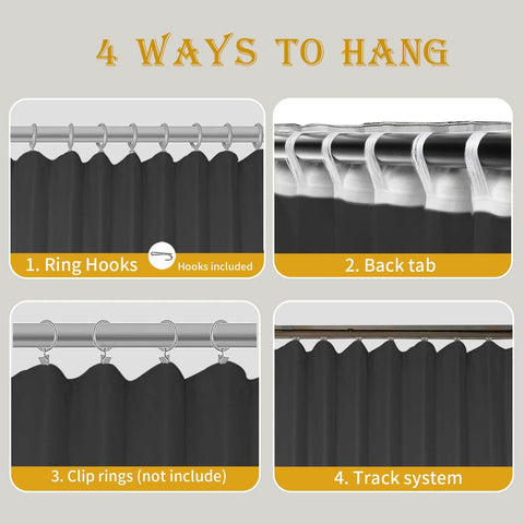 Dope Room Divider Curtain With Ceiling Track System Black 15 Ft Wide By 9 Ft Tall showing four hanging methods