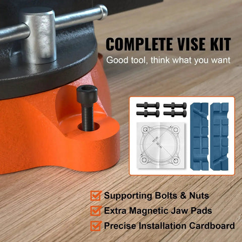 Close-up of vise with bolts, nuts, and jaw pads; 6.5 Inch Jaw Vise With 360 Degree Swivel Locking Base For Workbench components