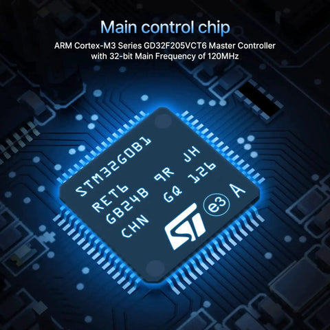 Close-up of ARM Cortex-M3 GD32F205VCT6 main control chip in Ender 3D Printer Upgrade Bundle With SKR Mini E3 V3.0 32Bit Controller Board.