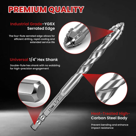 Upgraded Premium Masonry Drill Bit Set With Serrated Tungsten Carbide Tips Ten Piece Heavy Duty Professional Grade For Concrete Brick Tile Ceramic Stone Glass Wood And Plastic One Quarter To Nine Sixteenths Inch Hex Shank close-up view showing serrated edge and hex shank.