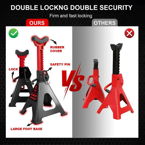Comparison of 6 Ton Jack Stands With Pin Locking And Rubber Cover Large Base 15 To 23 In, highlighting features and differences.