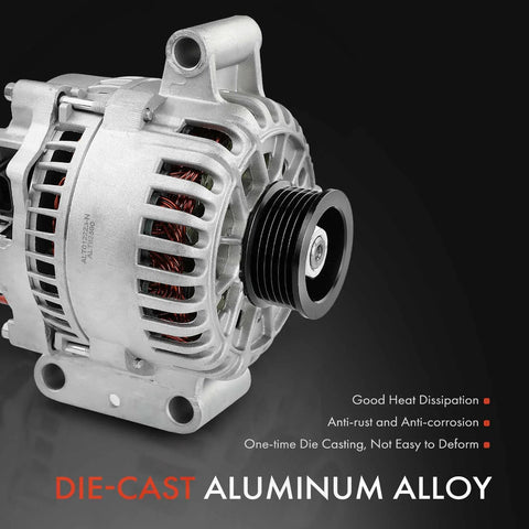 Beefy 110 Amp 12 Volt Alternator For Ford Escape And Mazda Tribute 2001 2002 2003 2004 V6 3.0L With 6 Groove Pulley Drop In Replacement Part 1L8U10300CD 1L8U10300CE 1L8U10300DD side view die-cast aluminum alloy.