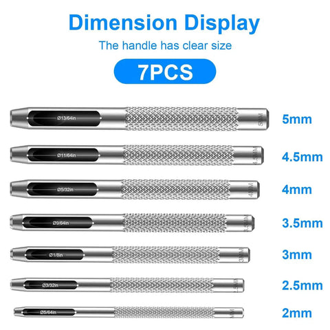 7 Piece Hollow Leather Hole Punch Set With Anti Slip Grip showing dimensions from 2mm to 5mm for belts, watch bands, and DIY crafting.