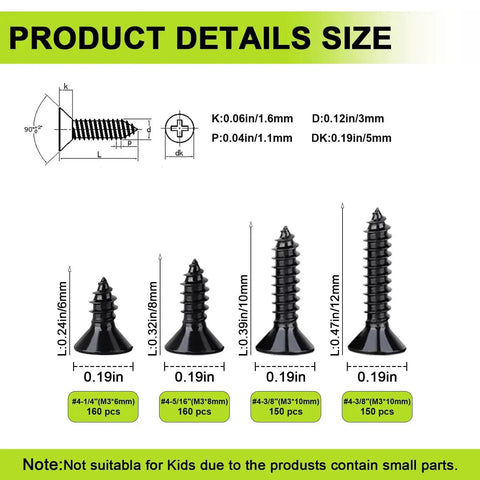 620 Pcs M3 Wood Screws Kit With Phillips Flat Head Four Size Assortment 6 8 10 12 mm size diagram and specifications