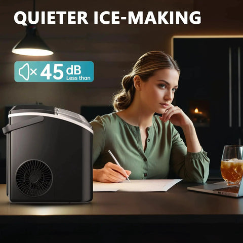 Nugget Ice Maker Countertop With Auto Clean, 34 Lbs Per Day, 6 Min Ready next to woman writing at a desk