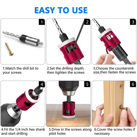 Step-by-step guide to using 5 Piece Countersink Drill Bit Set With Adjustable Depth Stop And Quick Change Quarter Inch Hex Shank For Woodworking 82 Degree Chamfer Bits In Sizes One Eighth Nine Sixty Fourths Five Thirty Second Eleven Sixty Fourths Three Sixteenths By BURMONG