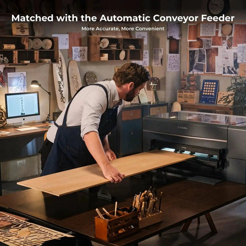 Man using Riser Base Upgrade For P2 CO2 Laser Cutter Lets You Engrave Ultra Thick Materials Up To 8.4 Inches, A Great Partner For Auto Conveyor Feeder, Boosts Batch Processing And Workpiece Clearance For Thick Engravings From xTool, showcasing laser cutting large wooden piece.