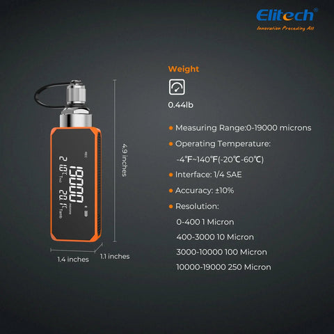 Elitech VGW-Mini wireless digital vacuum gauge for HVAC with orange housing and 1/4 SAE port