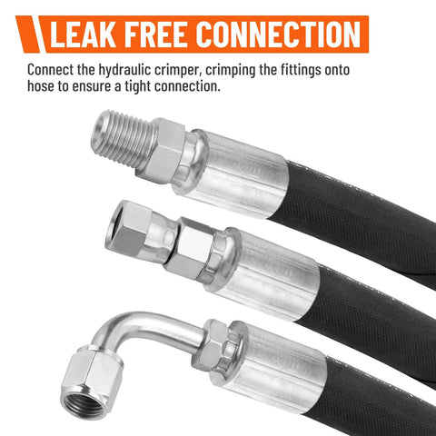 Hydraulic hose assembly with black braided exterior and silver metal fittings, including a 90° elbow.