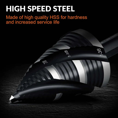 Close-up of Four Spiral Flute Step Drill Bit Set With Five HSS Step Drill Bits From Thinkwork, showcasing spiral design and measurements.