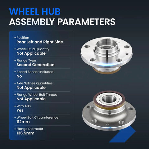 Image of Rear Wheel Bearing And Hub Assembly For Audi And Volkswagen Cars With ABS 5 Lug 2 Pack featuring assembly parameters.