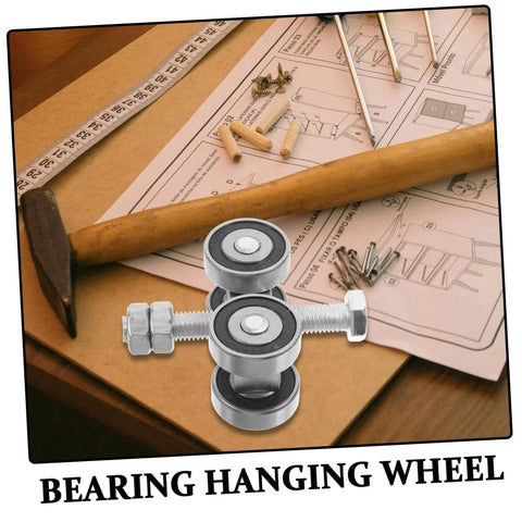 Stainless Steel Double Bearing Sliding Door Caster Wheel Kit for Ultra Smooth Rolling on a workbench with tools and instructions.