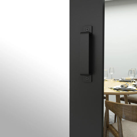 Side view of Dope Mirrored Glass Sliding Barn Door In Black MDF With Hardware Kit And Door Handle showing dining area reflection