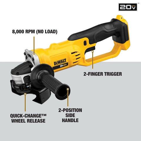 Side view of DEWALT DCG412B Cordless 4-1/2 Inch Angle Grinder With 8,000 RPM Motor, quick-change wheel release, and tool free guard.