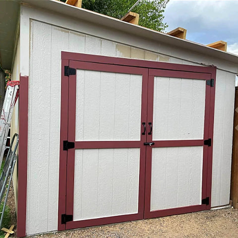 Shed with red doors using Heavy Duty Gate Hinges 6 Pack Black Iron 3.5 Inch Swing Door Hinges For Wood Shed Barn Fence Gates Screws Included