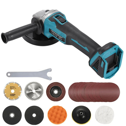 Powerful Brushless Cordless Angle Grinder Tool Only Compatible With Makita 18V Batteries Four And A Half Inch Wheel For Metal And Tile Cutting And Grinding Perfect For Pros And DIYers No Battery Included with accessories shown