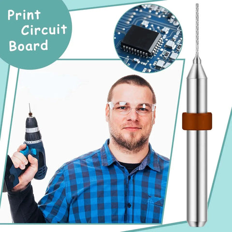 Man holding drill next to 30 Pcs Shank Tungsten Carbide Micro Drill Bits Set 0.1-1.0 Millimeter PCB Engraving Bits For CNC Router