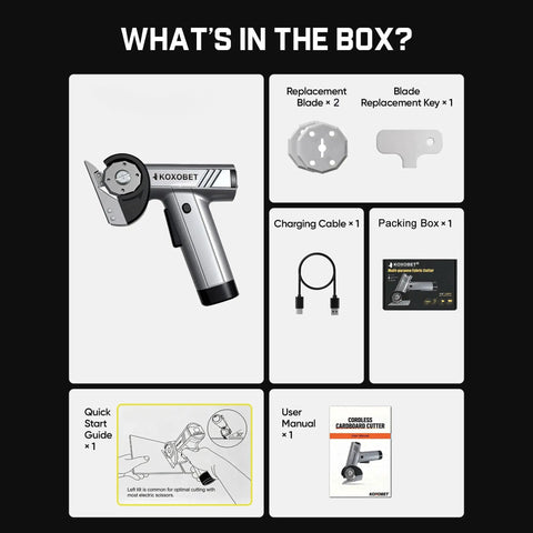 What's in the box: Cordless Cutting Tool 4.2V With LED Display, Brushless Motor, blades, replacement key, cable, manual, box.