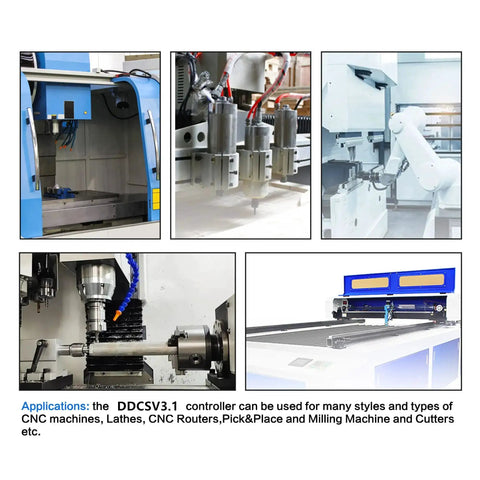 Collage of CNC machines using 4 Axis Offline Standalone CNC Motion Controller System DDCSV31 for precision operations.