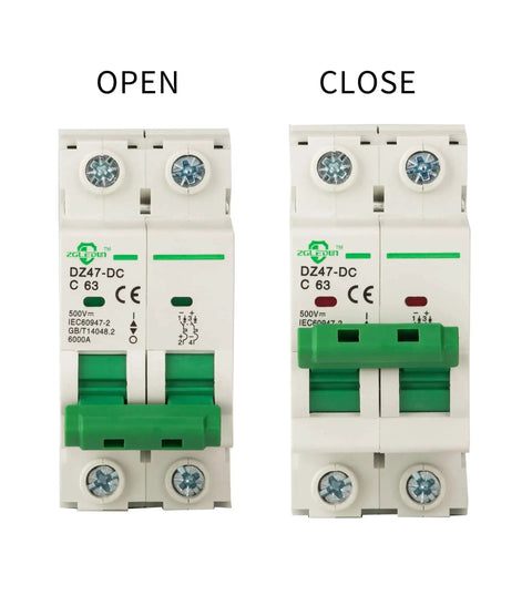 Front view of Go-To DC Miniature Circuit Breaker 2 Pole 32 Amp 250V to 500V DC Din Rail Mount With Thermal Magnetic Trip DZ47-63 C32 2P, shown open and closed.