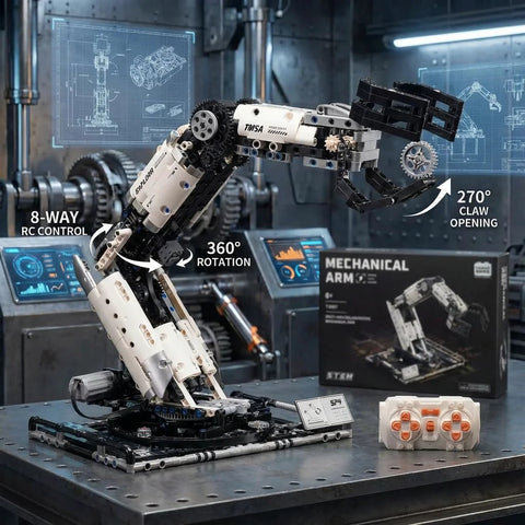STEM robotic arm kit on a desk; 8-direction RC control, app programming, white and black parts with orange controller