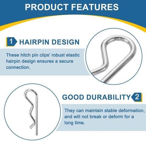 Close-up of 20 Pack 3mm By 50mm R Clips Hitch Pin Clips In 304 Stainless Steel, showing hairpin design and durability features.
