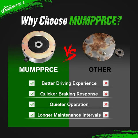 Front view of MUMPPRCE golf cart motor brake on left; rusted OTHER brake disk on right