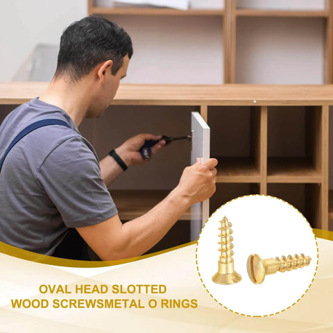 Man using slotted wood screws M5 x 20mm, 20 pack, solid brass oval head flat head self tapping screws for wood furniture connecting.