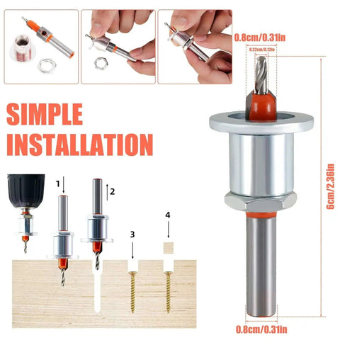 Diagram showing assembly of drill bit with measurements for simple installation on wood surface