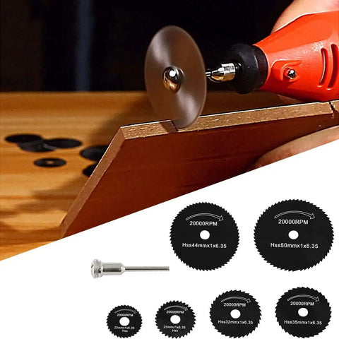7 Piece HSS Circular Saw Blades Set With One Eighth And One Quarter Inch Mandrels For Mini Rotary Tools cutting wood