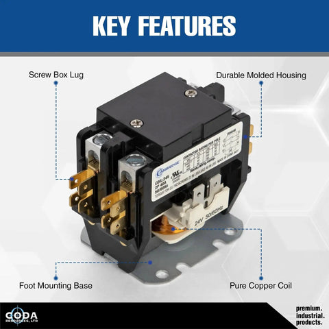 1 Pole 30A 24V AC Coil Definite Purpose Contactor for HVAC with durable housing, copper coil, and screw box lug, shown with foot mounting base.